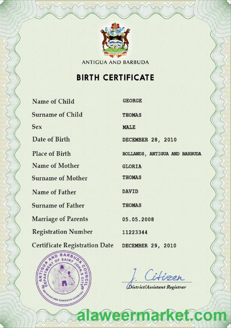 Antigua and Barbuda birth certificate PSD template